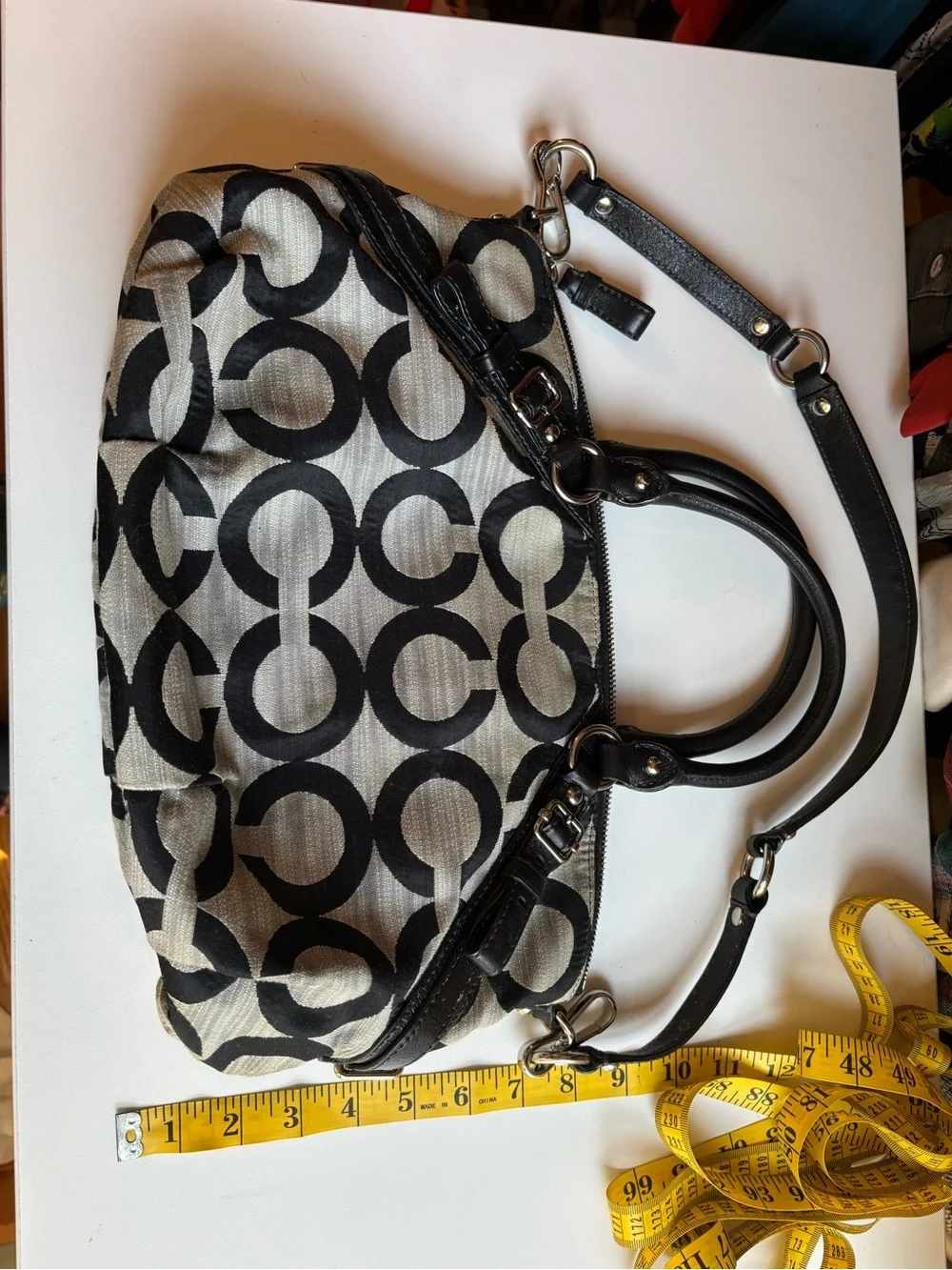 Coach Black and Cream Signature Canvas Satchel with Leather Trim